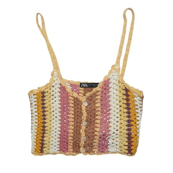 Zara Multicolor Crochet Knit Button Tank Top Boho Festival Y2K Size M/L - Picture 4 of 9